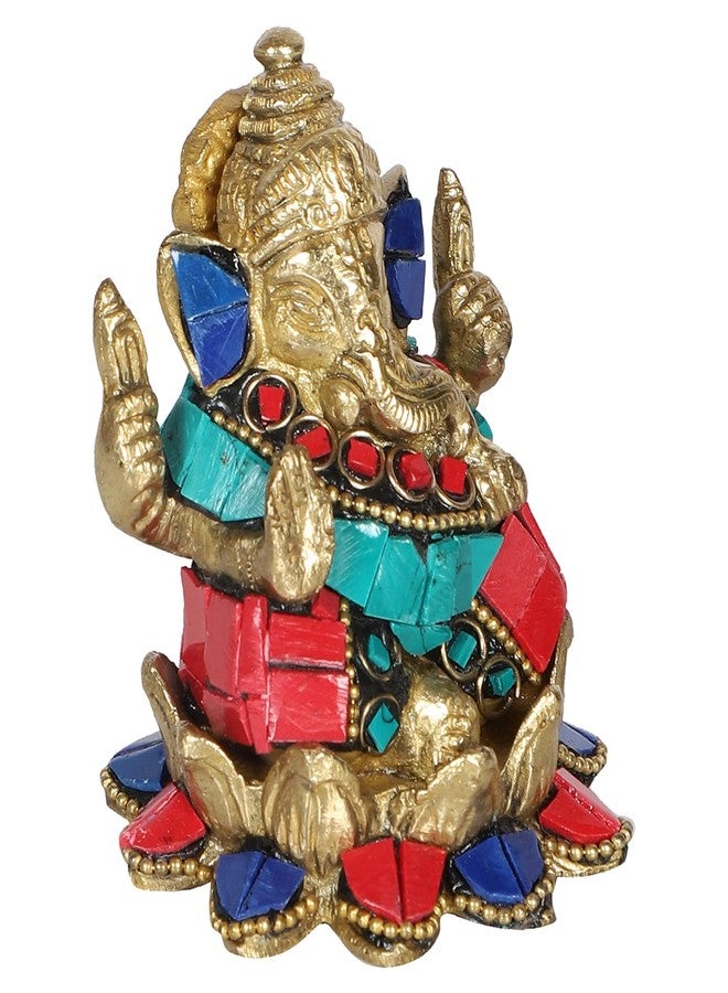 Two Moustaches Gemstone Work Brass Ganesha on Lotus Showpiece, Ganesha Idol for Home/Temple, Ganesha Idol for Pooja Room, Housewarming Gifts, Diwali Gifts, Standard, Pack of 1 - Image 2